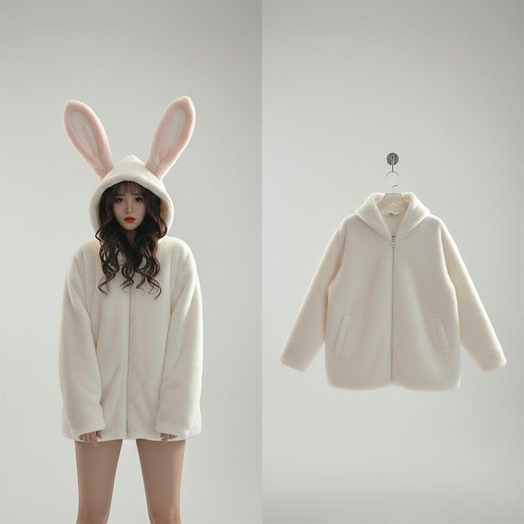 Cute Rabbit Hooded Jacket for Women Cozy Plush