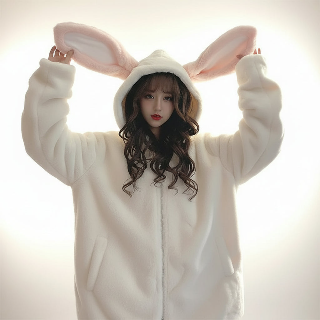 Cute rabbit hooded jacket for women in fluffy white fabric with large pink bunny ears