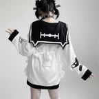 Cute thick long sleeve Japanese hoodie in white with black sailor collar and bow detail from Vusy Kawai Shop