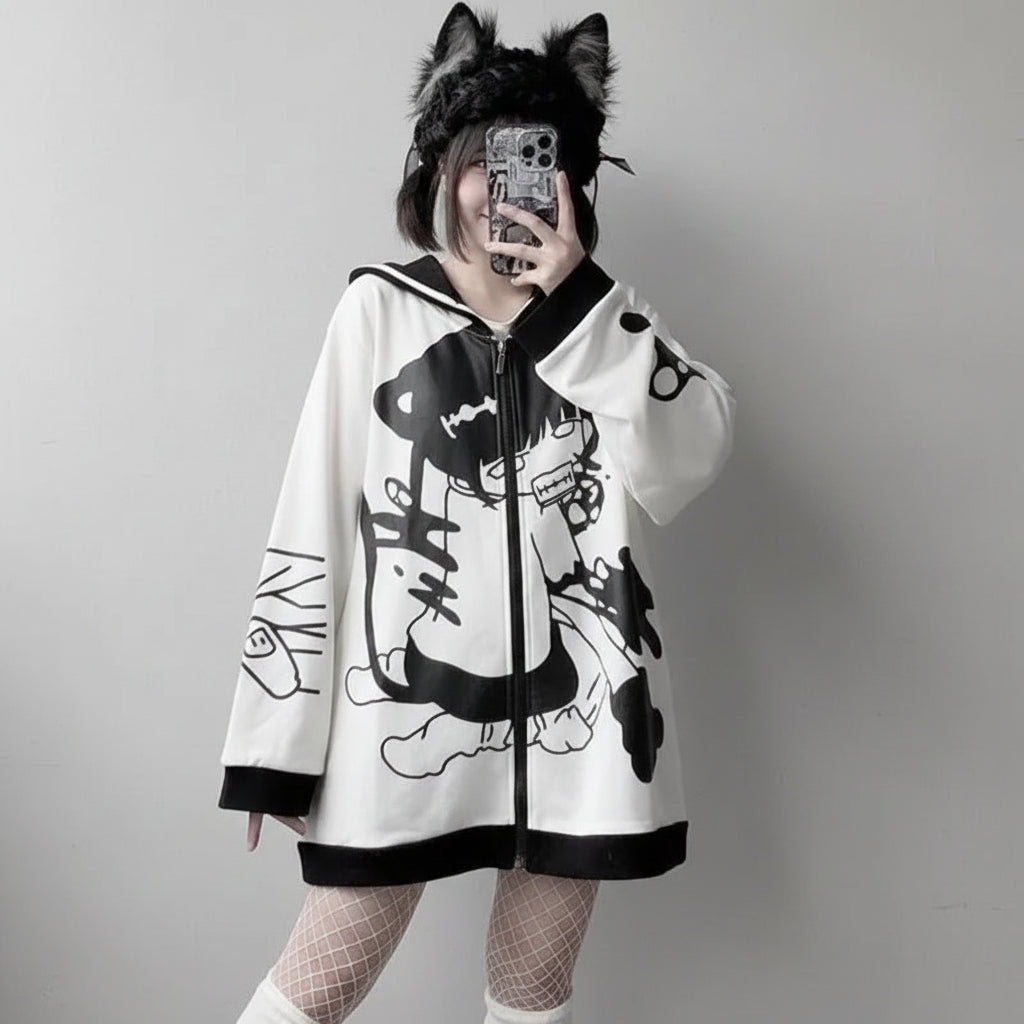 Cute thick long sleeve Japanese hoodie in white with black cartoon print and zipper front