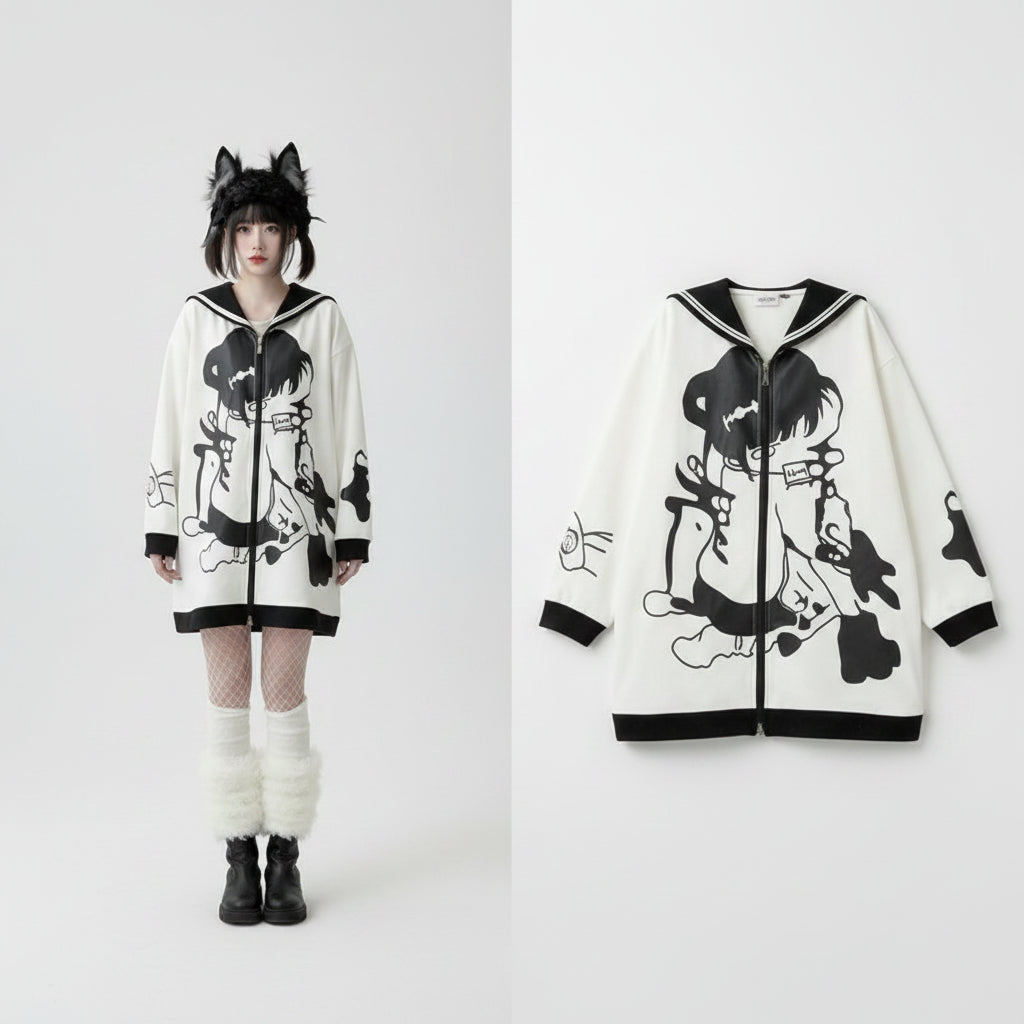Cute thick long sleeve Japanese hoodie in white with black accents and graphic design worn with fishnet stockings