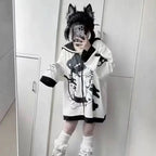 Cute thick long sleeve Japanese hoodie in white with black cartoon design and sailor collar