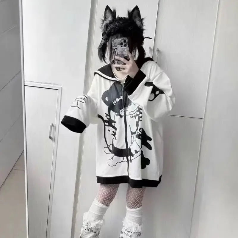 Cute thick long sleeve Japanese hoodie in white with black cartoon design and sailor collar