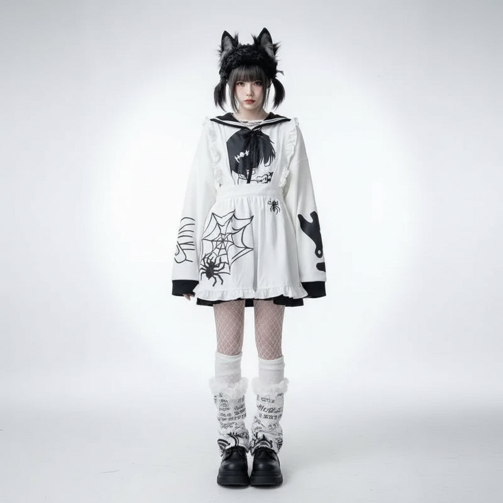 Cute thick long sleeve Japanese hoodie with spider web and skull design worn with fishnet stockings and black boots
