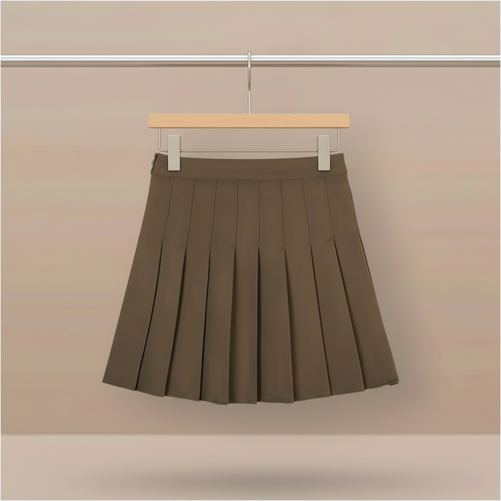 Dark brown pleated mini skirt on clip hanger