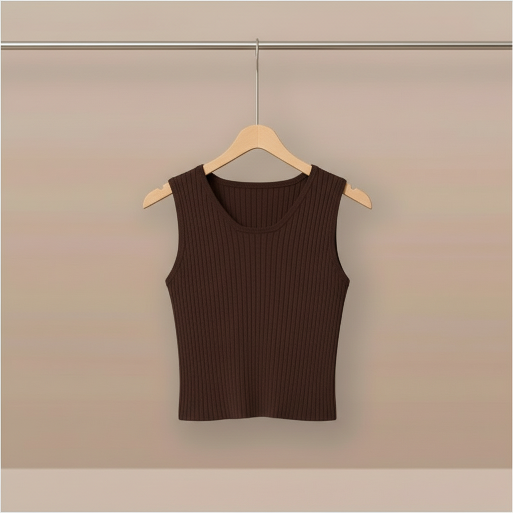 Dark chocolate brown rib knit sleeveless crop top on hanger