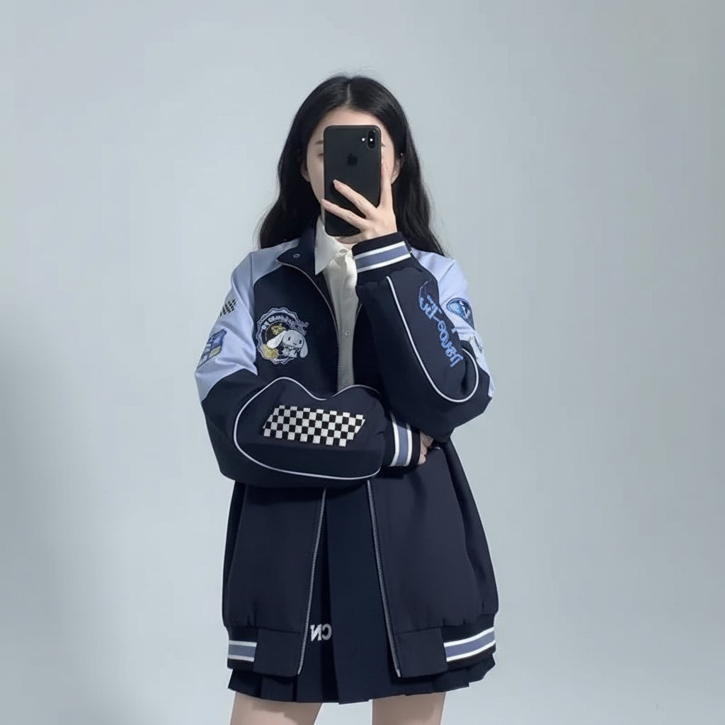 Embroidered baseball cap style jacket with checkerboard and cartoon patches in black and blue