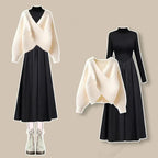 Vusy Kawai Shop spring autumn sweater dress set with black long sleeve dress and cream knit sweater