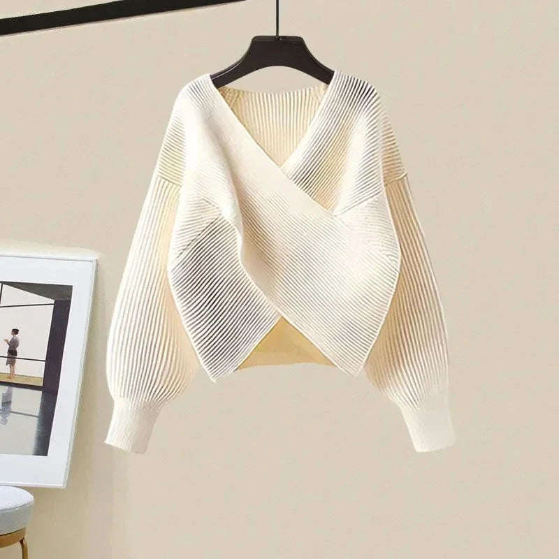 Vusy Kawai Shop cream knit spring autumn sweater dress set with ribbed texture and long puff sleeves
