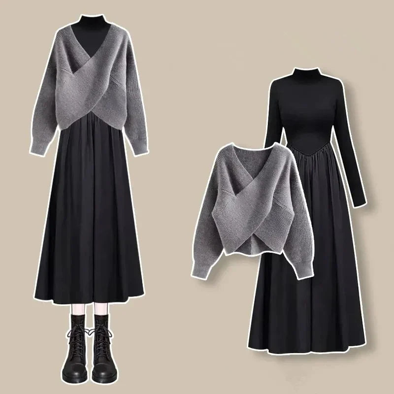 Spring autumn sweater dress set with gray crossover sweater and black long sleeve dress from Vusy Kawai Shop