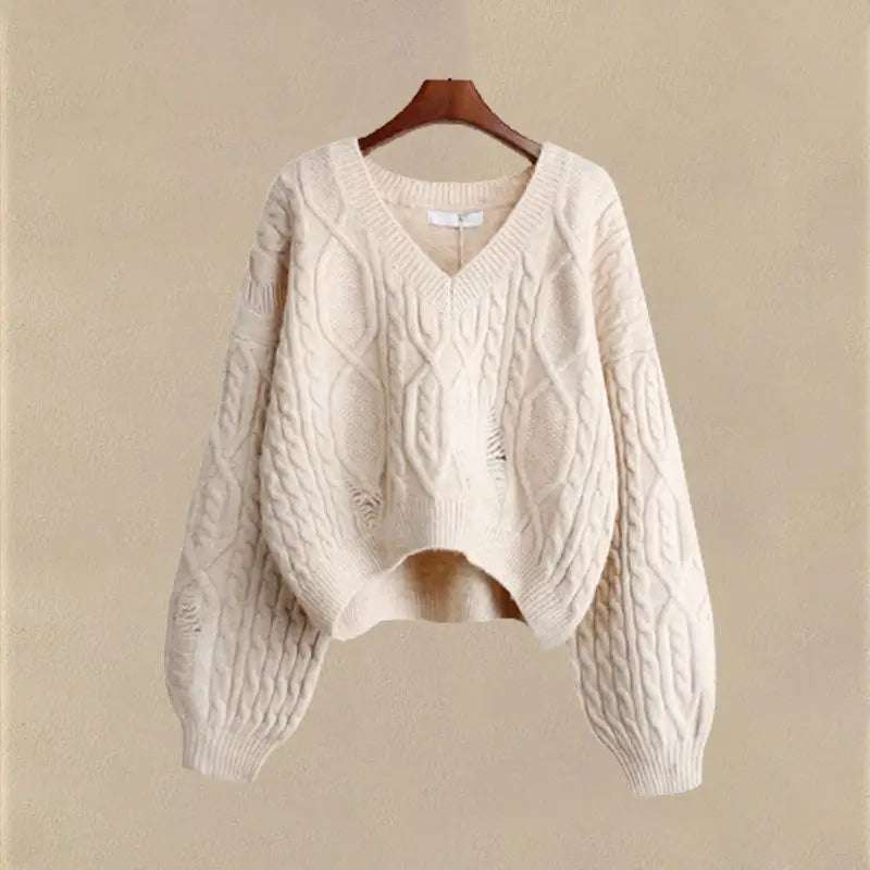 Cream cable knit V-neck sweater from spring autumn sweater dress set by Vusy Kawai Shop