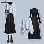 Vusy Kawai Shop spring autumn sweater dress set with light blue cable knit sweater and black long dress