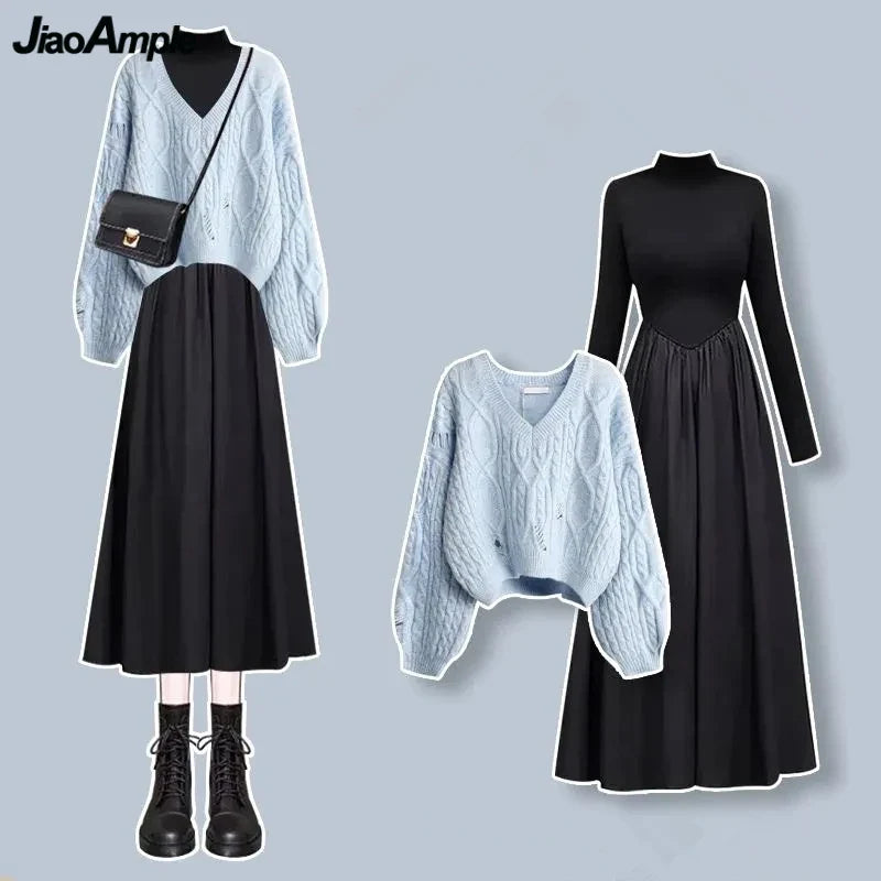 Vusy Kawai Shop spring autumn sweater dress set with light blue cable knit sweater and black long dress