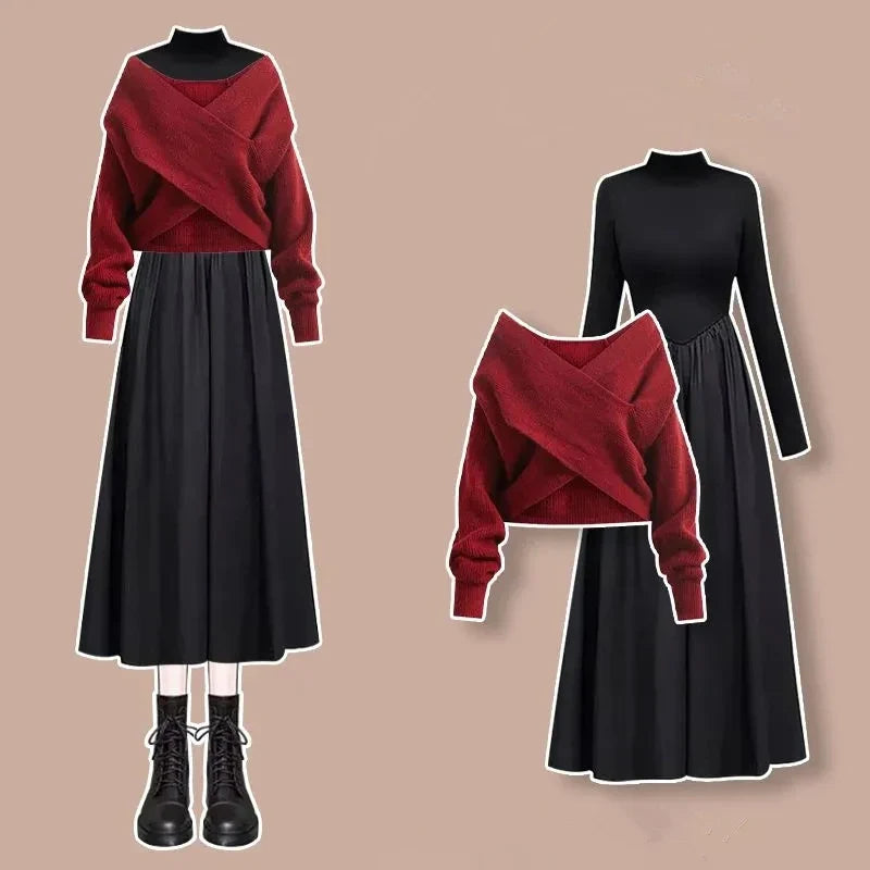 Spring autumn sweater dress set with black long sleeve dress and red wrap sweater from Vusy Kawai Shop