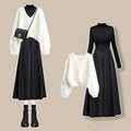 Frühling Herbst Pulloverkleid Set Schwarz Slim Strickwaren