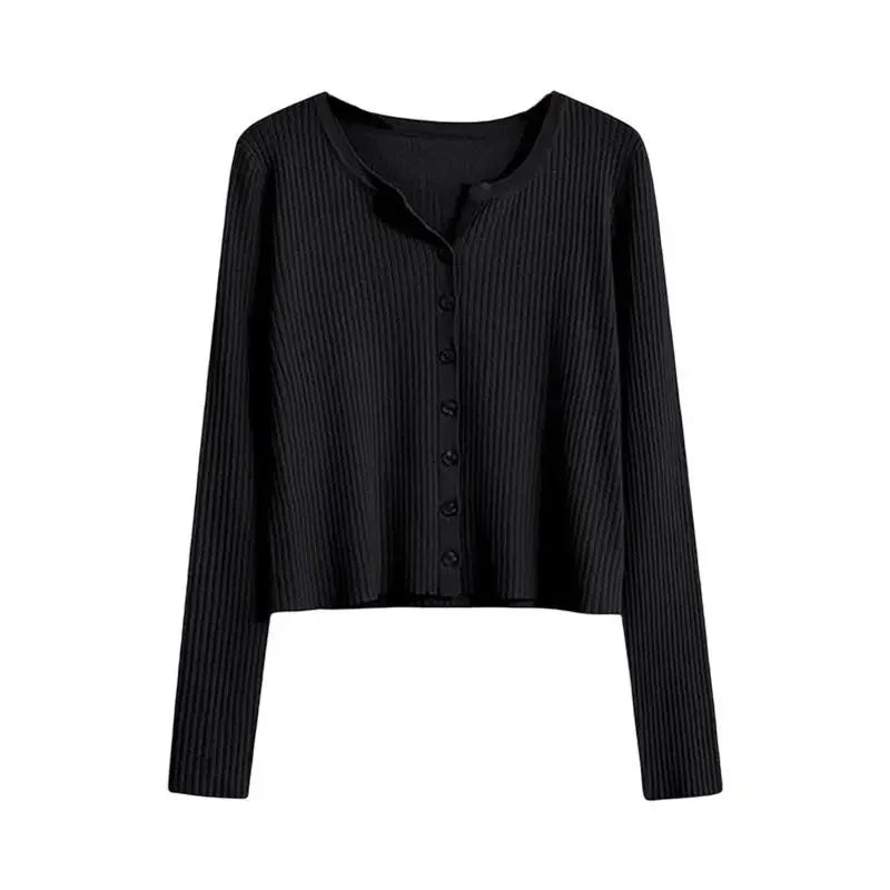 Black ribbed button-up top from fashionable slimming skirt set for women by Vusy Kawai Shop