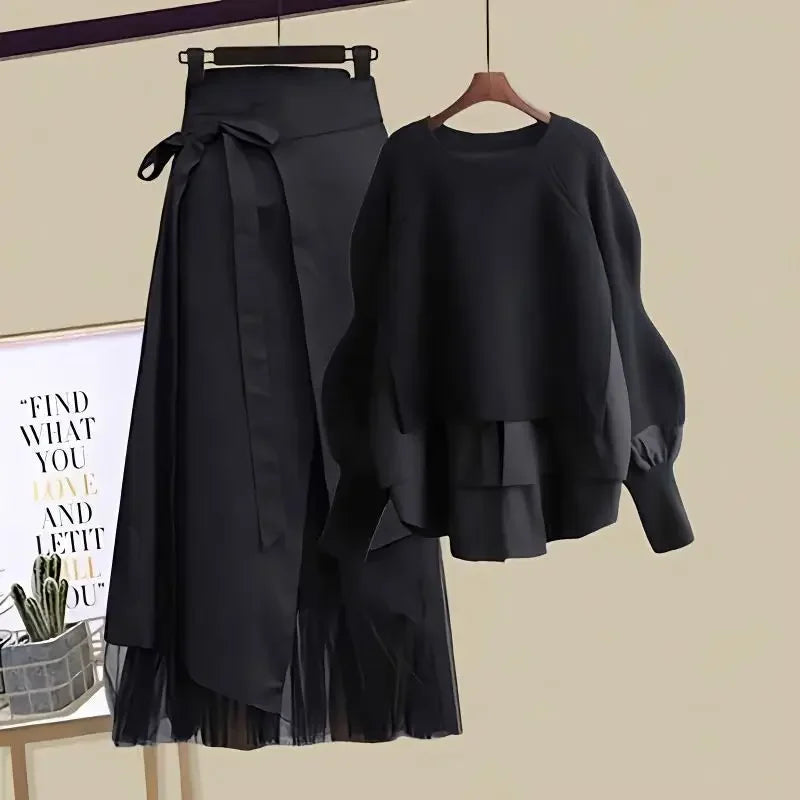 Black fashionable slimming skirt set for women with layered skirt and long sleeve top