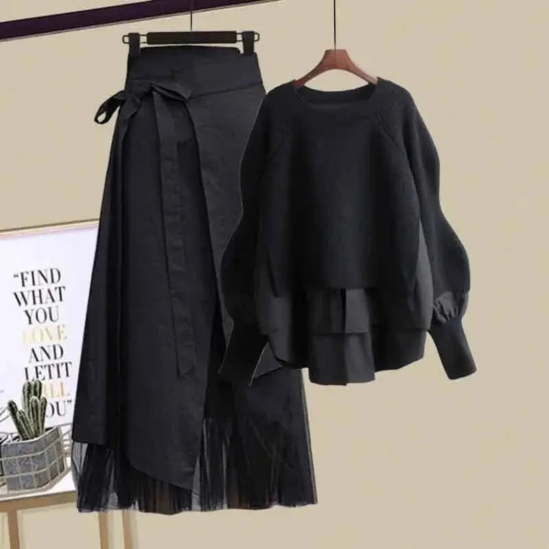 Black fashionable slimming skirt set for women featuring a layered skirt with ribbon detail and a matching sweater