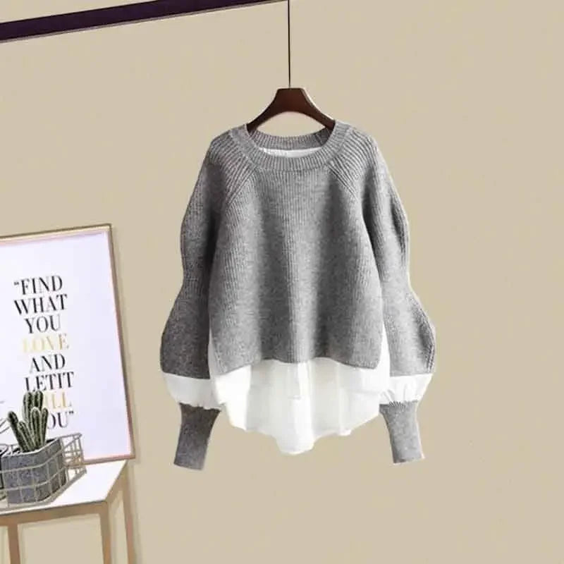 Fashionable slimming skirt set for women featuring a gray sweater layered over a white shirt hem