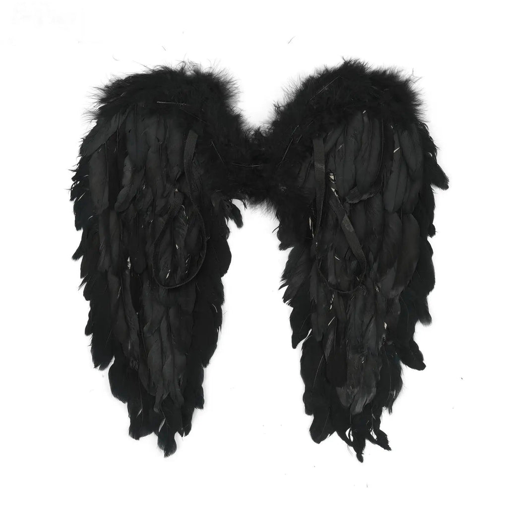 Black feather angel wings front view with fluffy shoulder tops