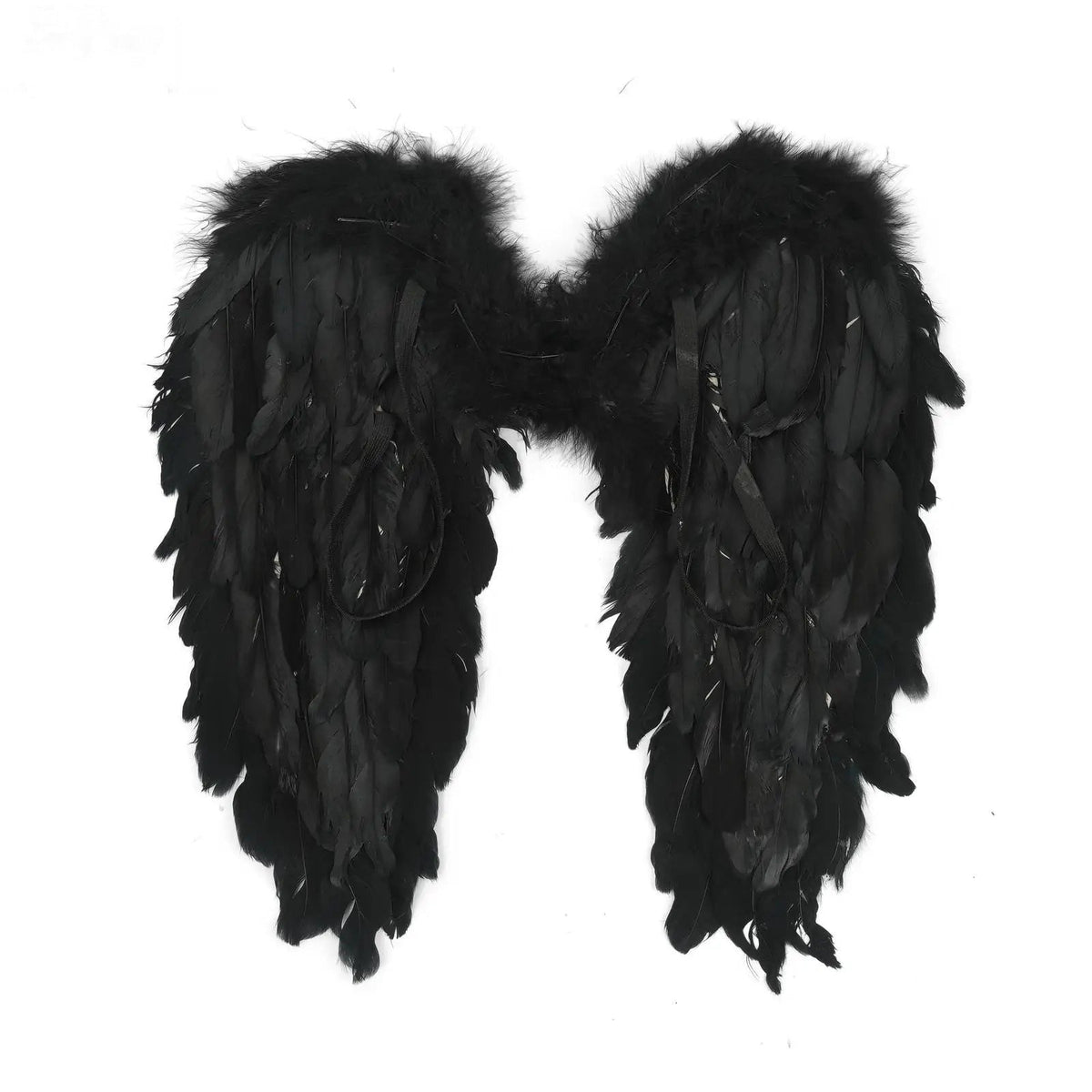 Black feather angel wings front view with fluffy shoulder tops
