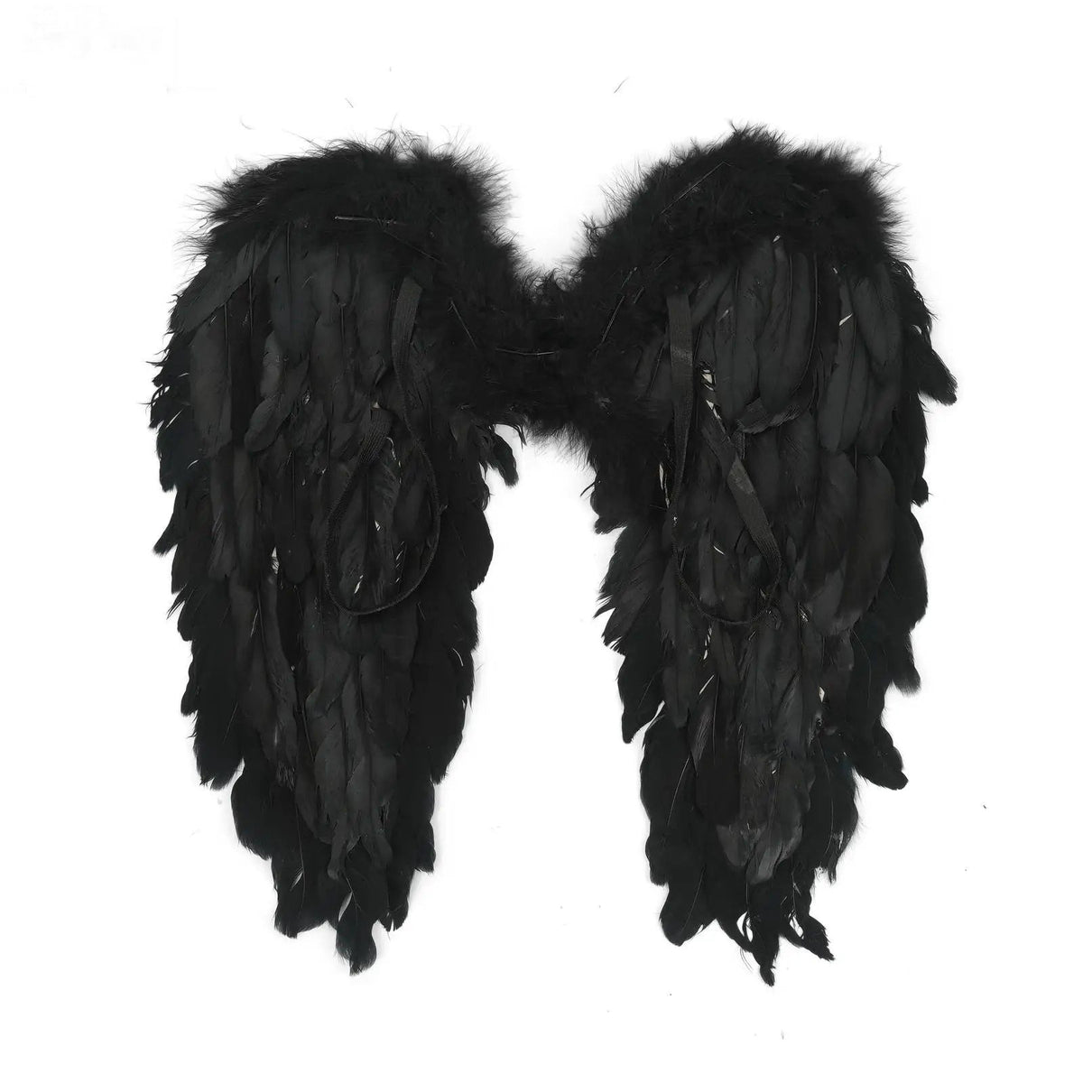 Black feather angel wings front view with fluffy shoulder tops