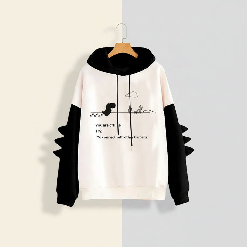 Funny dinosaur sweatshirt streetwear with black and white design and humorous offline message