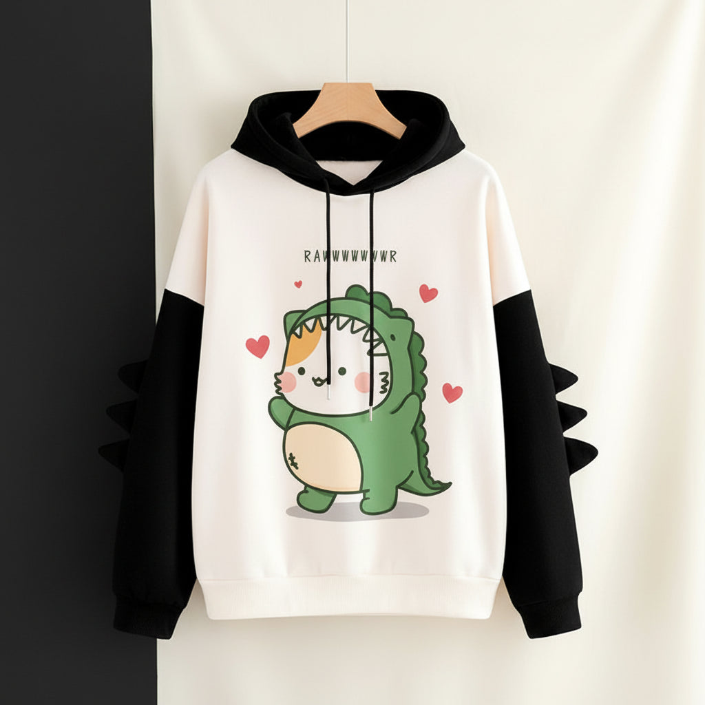 Funny dinosaur sweatshirt streetwear with cute dino costume design and black sleeves