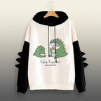Funny dinosaur sweatshirt streetwear with cartoon dinosaur and cat enjoying together design