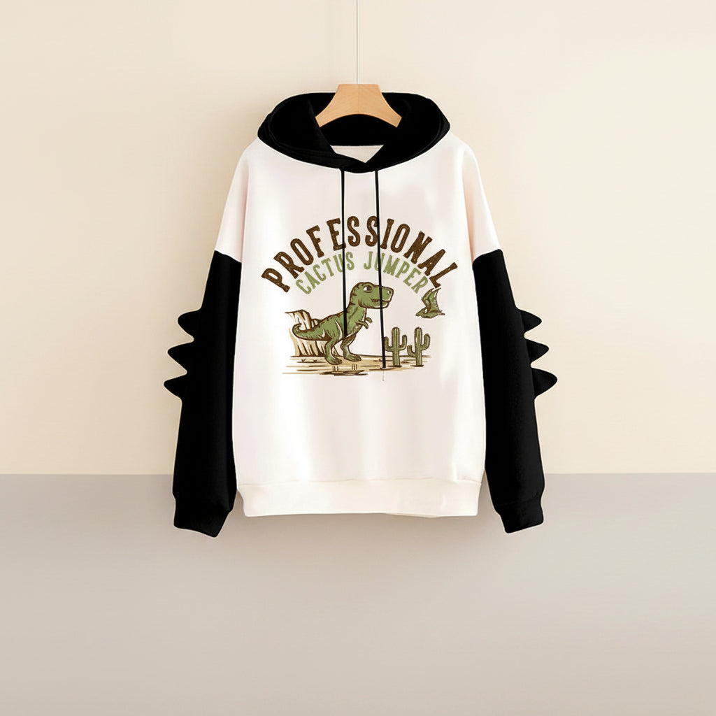 Funny dinosaur sweatshirt streetwear with black sleeves and a green T-Rex graphic from Vusy Kawai Shop
