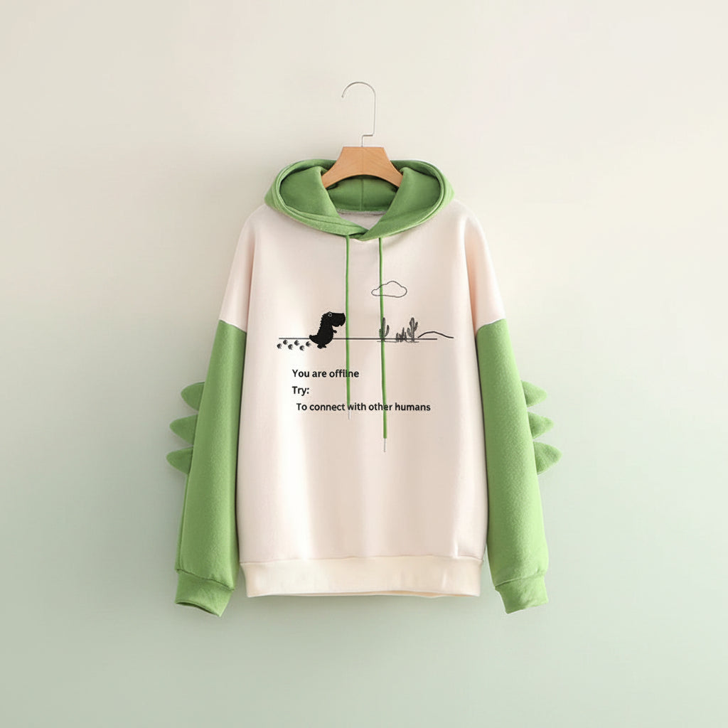 Funny dinosaur sweatshirt streetwear with green dinosaur spikes and offline message graphic