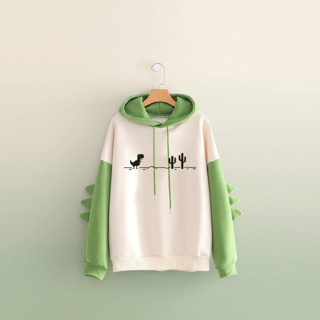 Funny dinosaur sweatshirt streetwear featuring green dinosaur spikes on sleeves and pixelated dino print