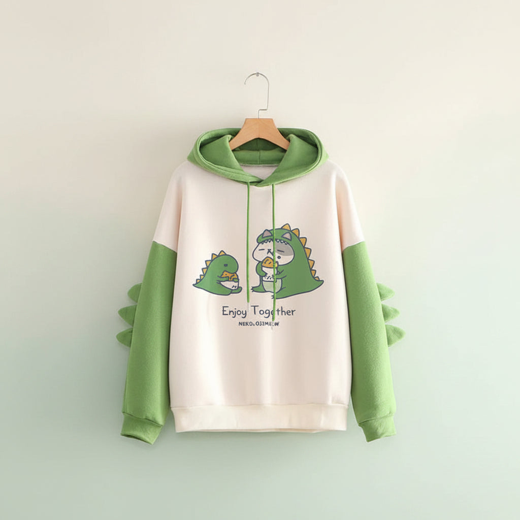 Funny dinosaur sweatshirt streetwear with green dinosaur hoodie and cartoon print on front