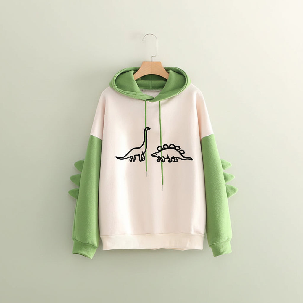 Funny dinosaur sweatshirt streetwear with green sleeves, spikes, and dinosaur drawings on front
