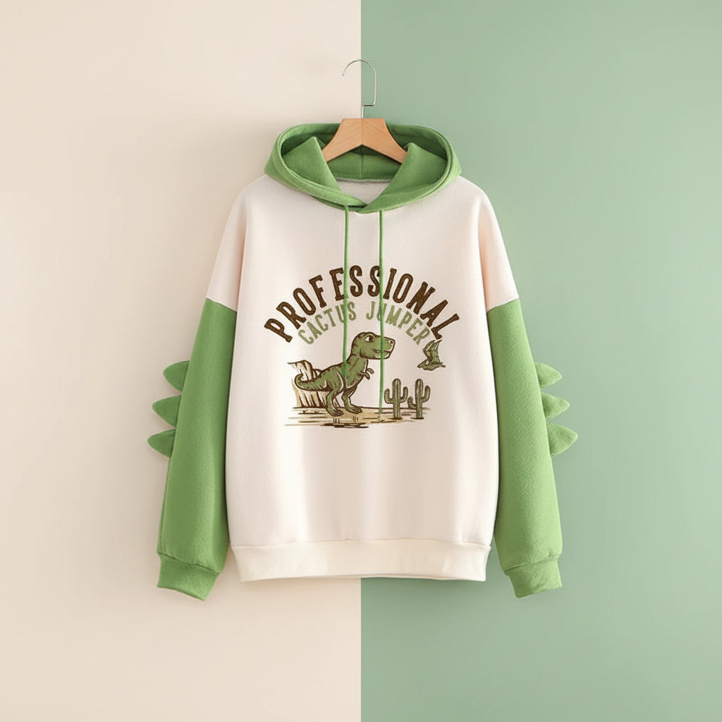 Funny dinosaur sweatshirt streetwear with green dinosaur design and spike details on sleeves