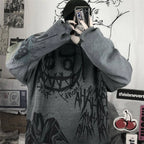 Funny punk japanese cartoon hoodie girl in gray with bold black graphic designs and a hood