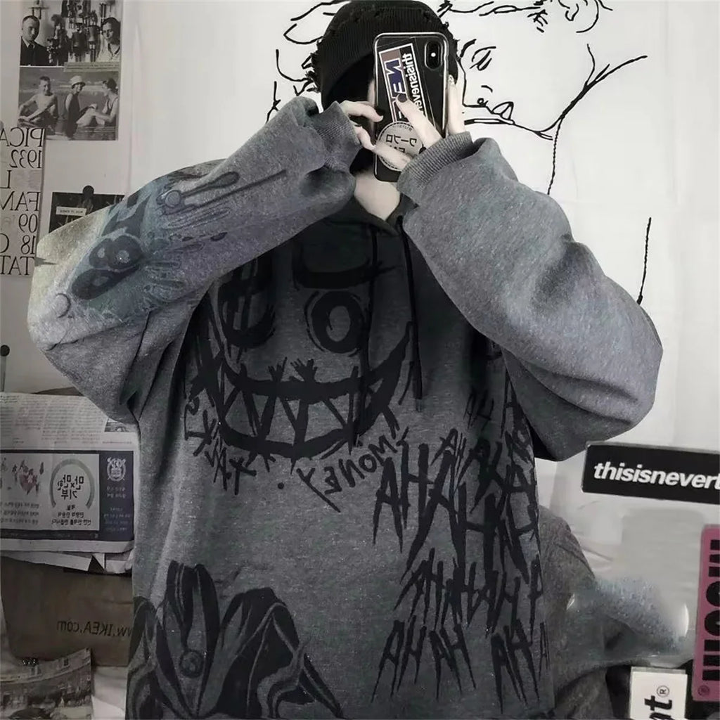 Funny punk japanese cartoon hoodie girl wearing gray oversized hoodie with black graffiti style art