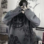 Funny punk japanese cartoon hoodie girl wearing gray oversized hoodie with black graffiti style art
