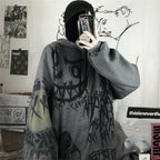 Funny punk japanese cartoon hoodie girl wearing oversized gray graphic hoodie with black beanie