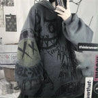 Funny punk Japanese cartoon hoodie girl wearing oversized dark gray hoodie with graphic designs