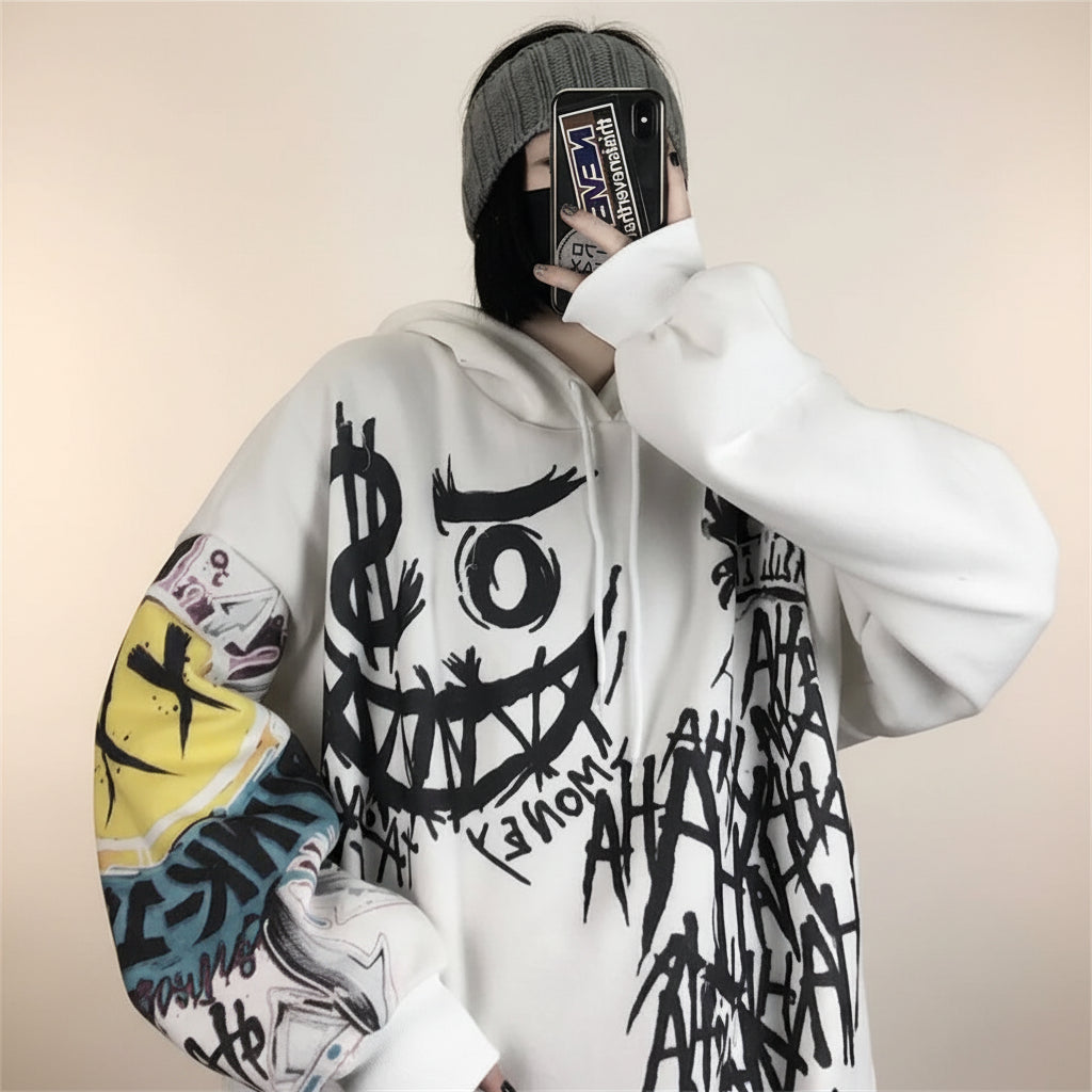 Funny punk japanese cartoon hoodie girl wearing white oversized hoodie with black graffiti art