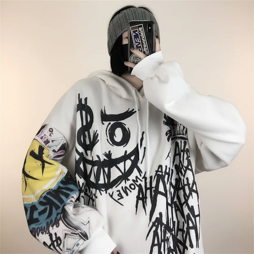 Funny punk japanese cartoon hoodie girl wearing white oversized hoodie with black graffiti art