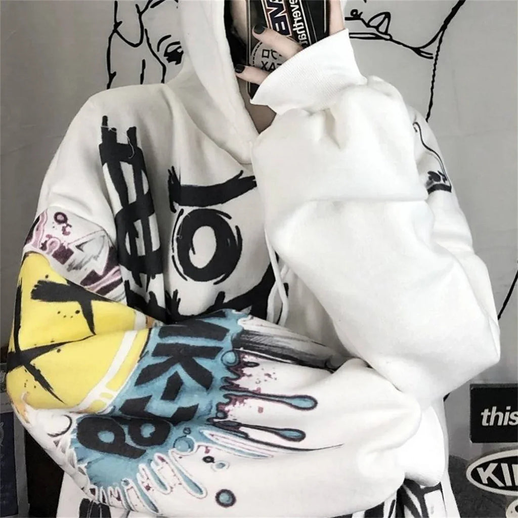Funny punk japanese cartoon hoodie girl with colorful graphic design on white oversized sweatshirt