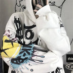 Funny punk japanese cartoon hoodie girl with colorful graphic design on white oversized sweatshirt