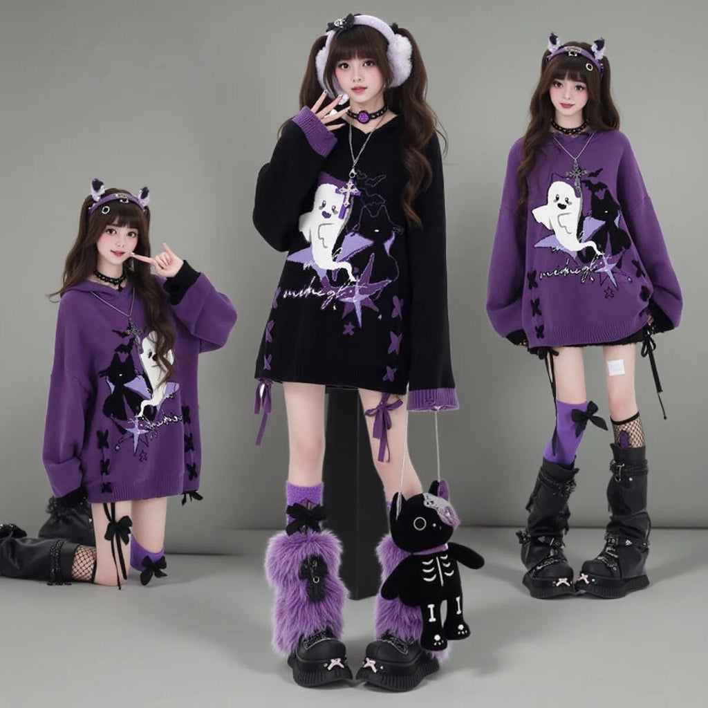 Models wearing purple and black Y2K ghost knit Halloween sweaters with ghost print