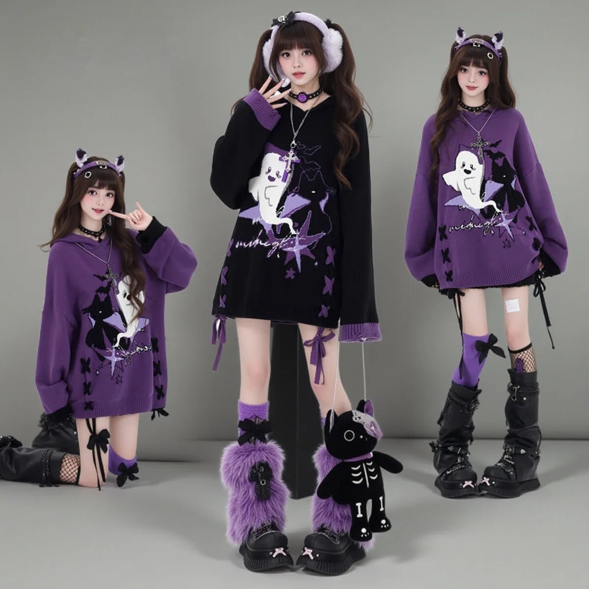 Models wearing purple and black Y2K ghost knit Halloween sweaters with ghost print