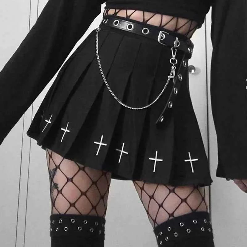 Gothic Pleated Mini Skirt with Cross Design
