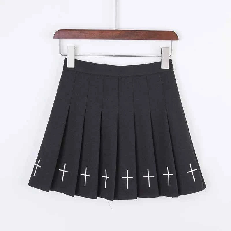 Gothic Pleated Mini Skirt with Cross Design