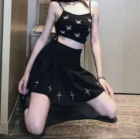 Gothic Pleated Mini Skirt with Cross Design