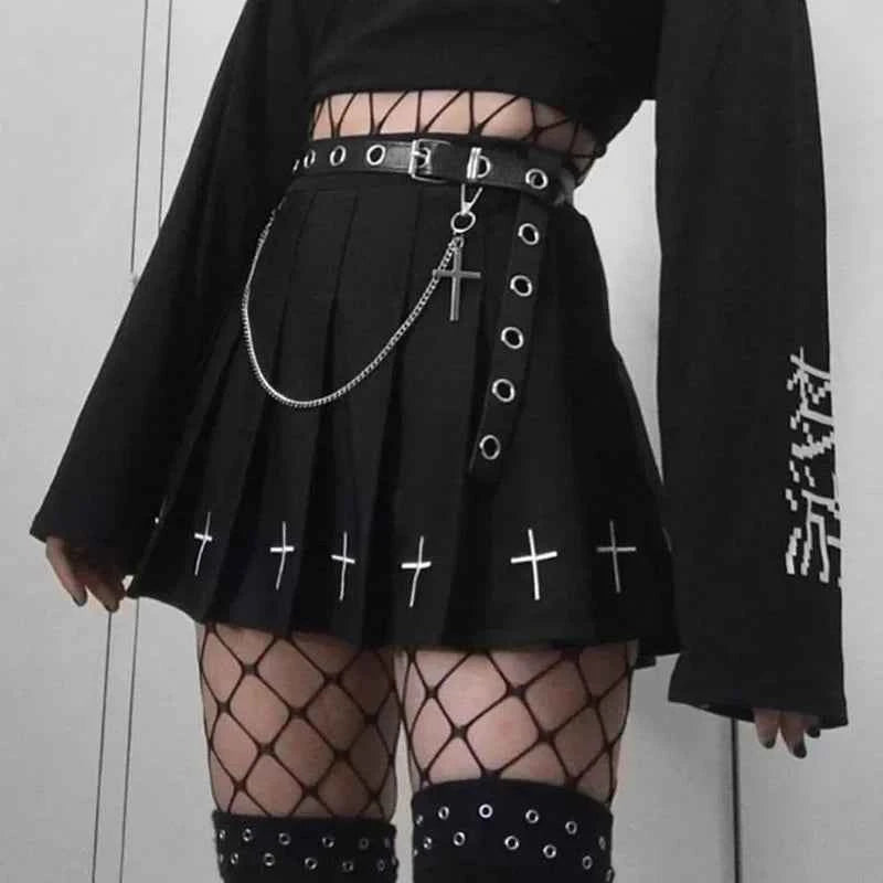 Gothic Pleated Mini Skirt with Cross Design
